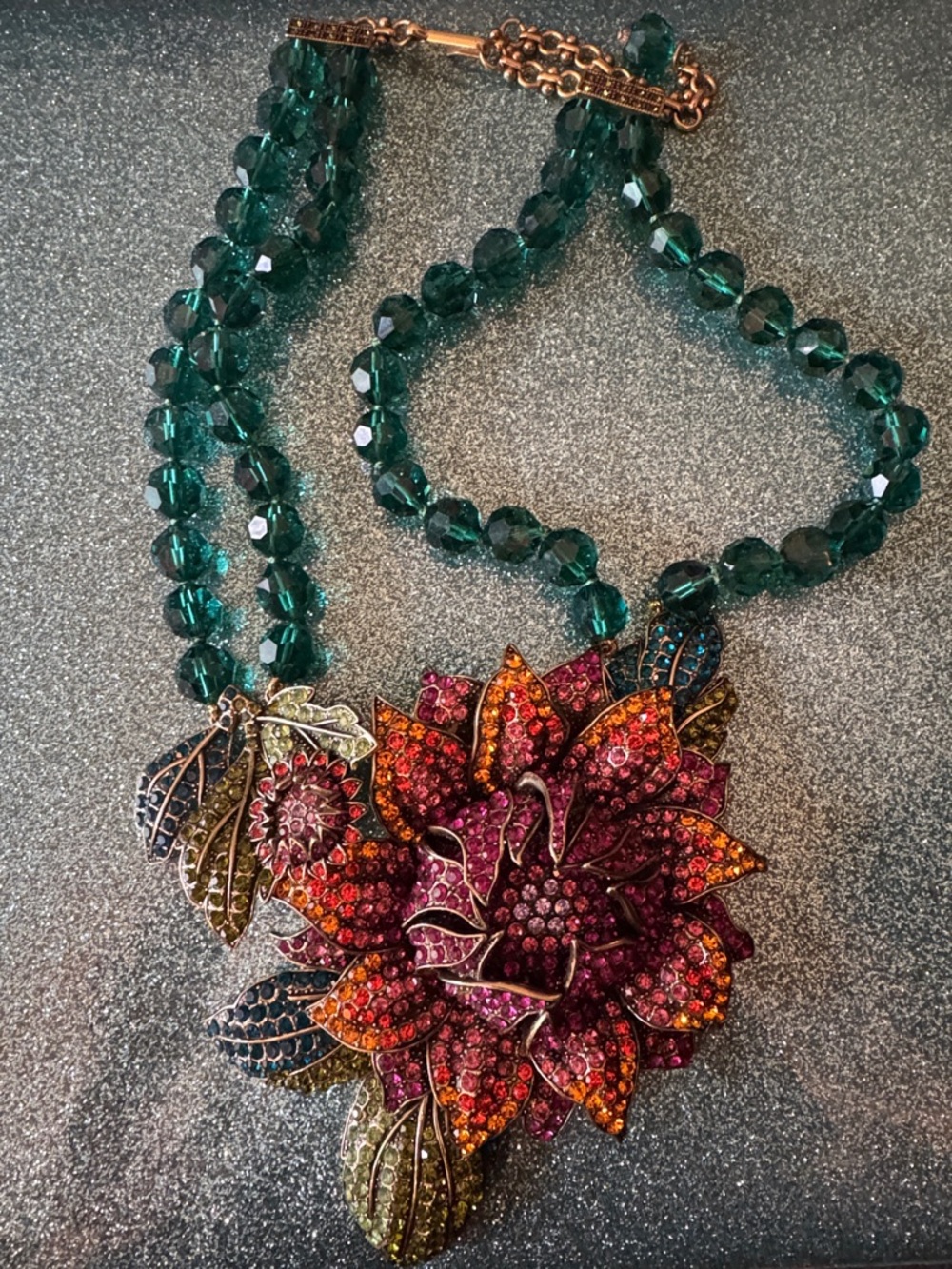 Heidi Daus Multicolor Floral Crystal Necklace with Emerald Beaded Strand